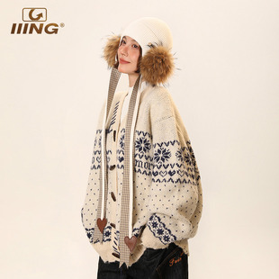 IIING帽控 设计感貉子毛球耳暖帽子一体冬季护耳绑带针织冷帽女生