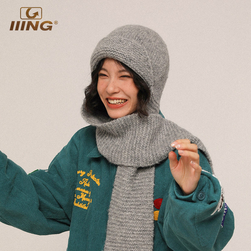 IIING帽控 帽子女冬款围巾帽子一体遮脸软糯毛线帽保暖护耳针织帽