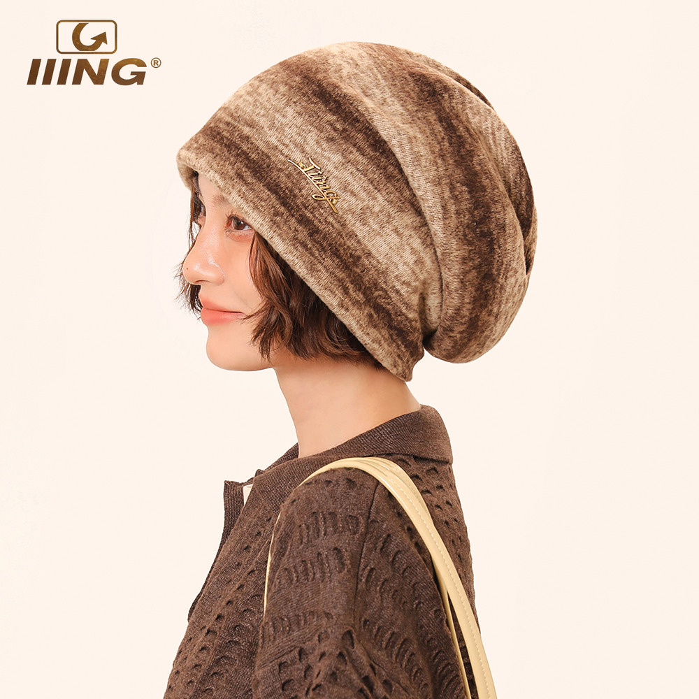 秋冬显脸小条纹拼接磨毛堆堆帽