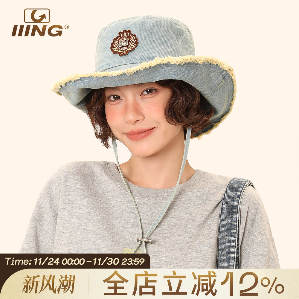 学院风水洗牛仔毛边渔夫帽