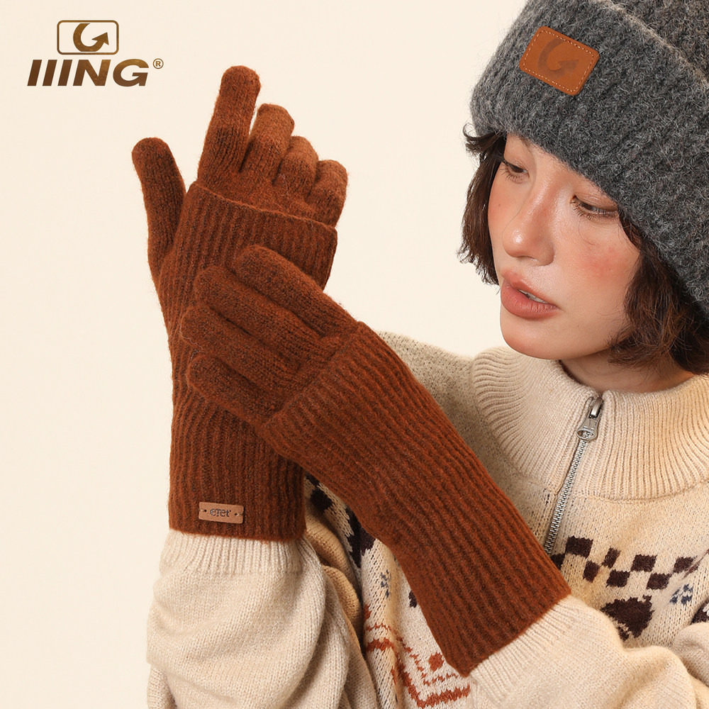 美拉德风双层叠戴可拆卸针织毛线手套女秋冬季可触屏保暖防寒露指