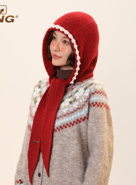 IIING帽控 圣诞氛围感红色针织围巾帽子保暖珍珠系带巴拉克拉法帽