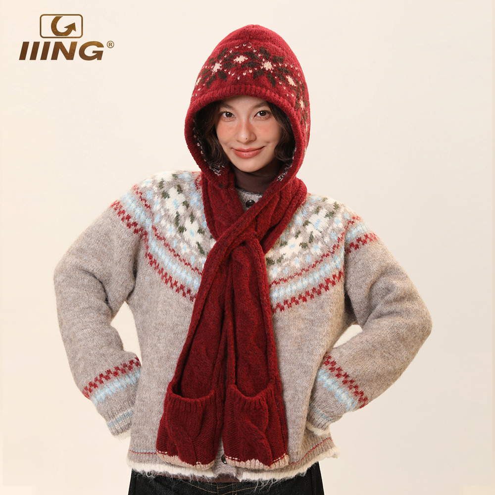北欧费尔岛风针织围巾帽子女冬季