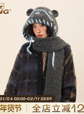 IIING帽控 可爱小熊耳朵帽子围巾一体秋冬保暖护耳含羊毛针织帽女