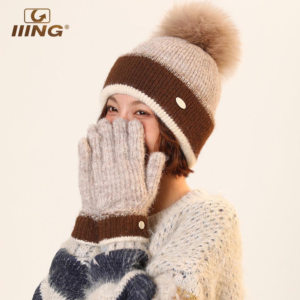 撞色拼接保暖针织五指手套