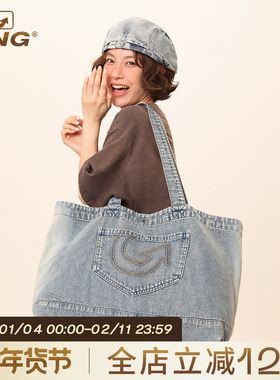 IIING帽控 经典牛仔蓝重工水洗复古大容量女式托特包腋下单肩包包