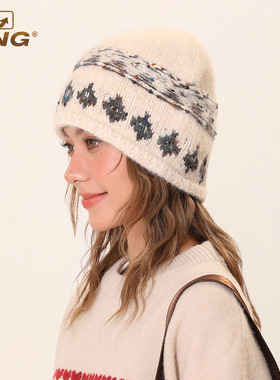 IIING帽控 复古费尔岛风提花针织包头帽子女秋冬显脸小卷边毛线帽