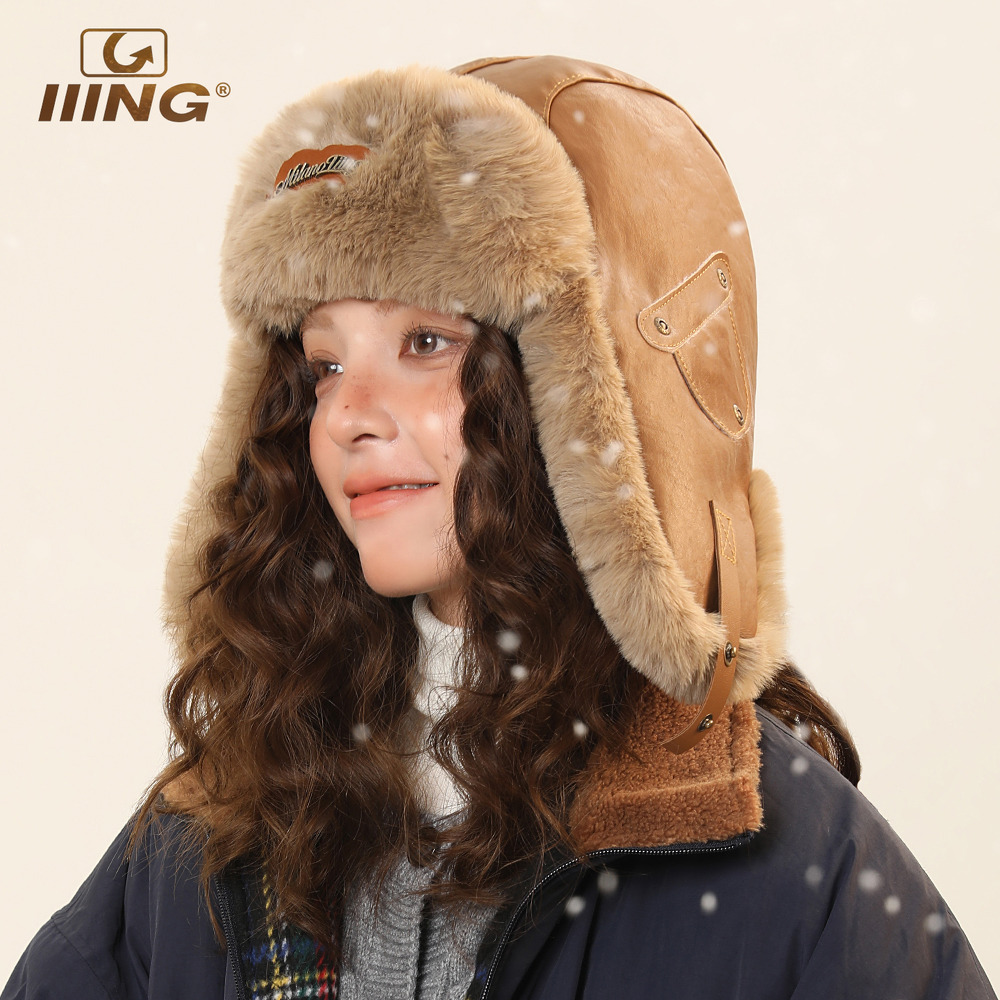 复古皮革加绒保暖雷锋帽