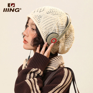 IIING帽控 显脸小包头冷帽子潮 针织堆堆帽女韩版 百搭钩花缕空薄款