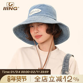 IIING帽控 帽子女2025新款 贴布立体绣花登山徒步牛仔蓝遮阳渔夫帽