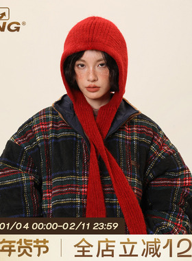 IIING帽控 红色针织帽女秋冬加厚保暖护耳毛线帽子围巾一体含羊毛