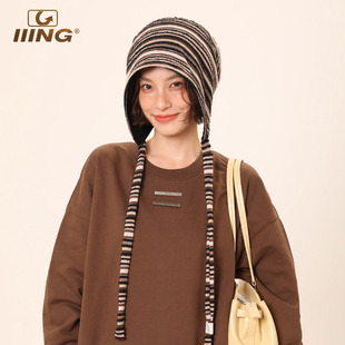 IIING帽控 条纹系带针织帽女秋季薄款流苏帽包两用显脸小包头帽子