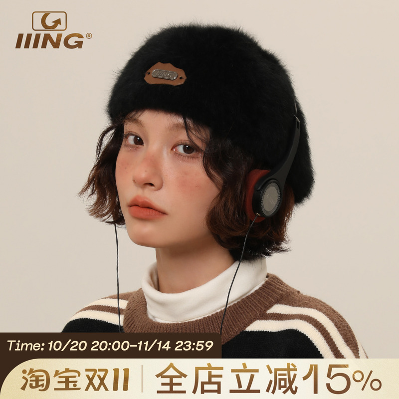IIING帽控毛绒金属标贝雷帽