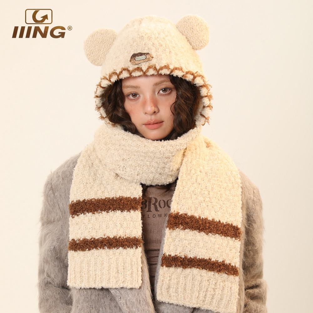 可爱小熊围巾帽帽子围巾一体