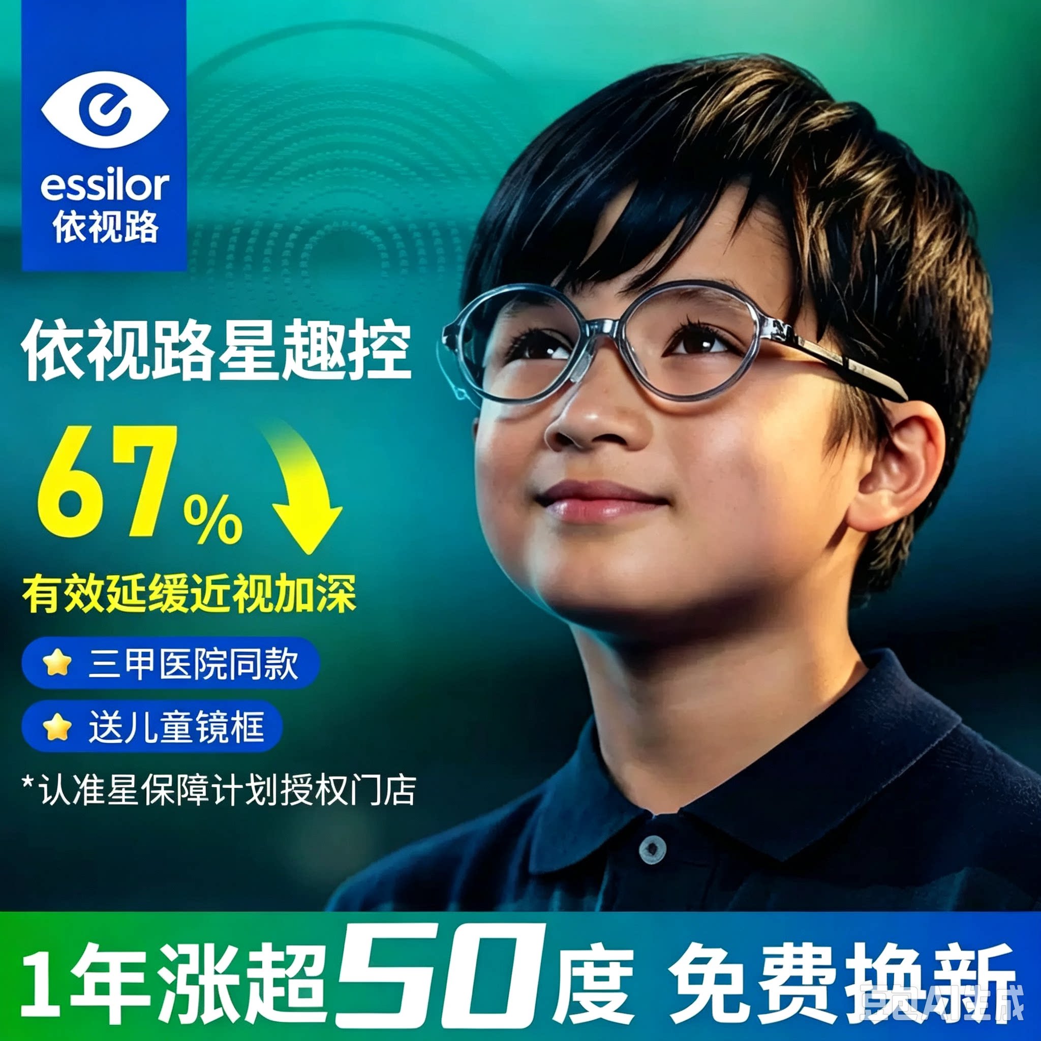 依视路星趣控儿童青少年钻晶膜岩近视防控离焦镜片护眼配镜膜洁A4
