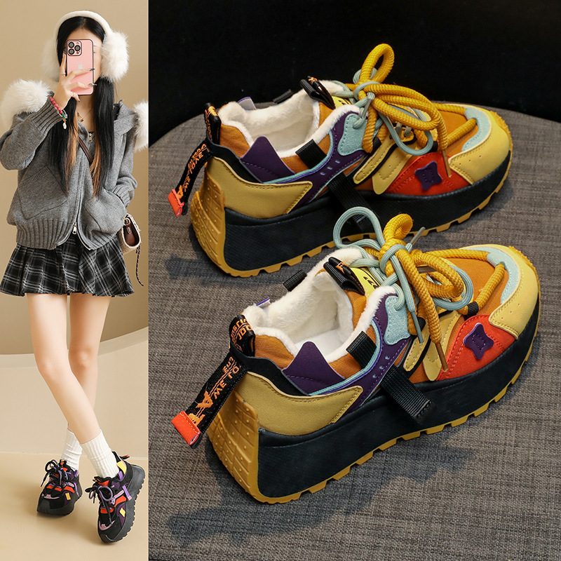 加绒保暖厚底老爹鞋女2025冬季鸳鸯鞋潮流休闲运动跑步鞋