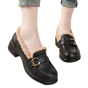 小皮鞋冬季加绒乐福鞋女款一脚蹬懒人鞋休闲毛毛鞋松糕跟妈妈棉鞋