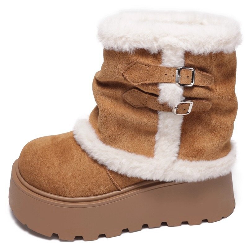 加绒厚底雪地靴女2026秋冬季新款加厚高跟小个子皮带扣保暖短靴女