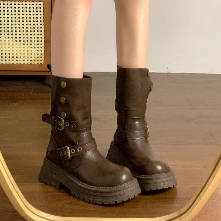 棕色复古厚底马丁靴女款2025新款夏秋季显瘦增高英伦风美拉德靴子