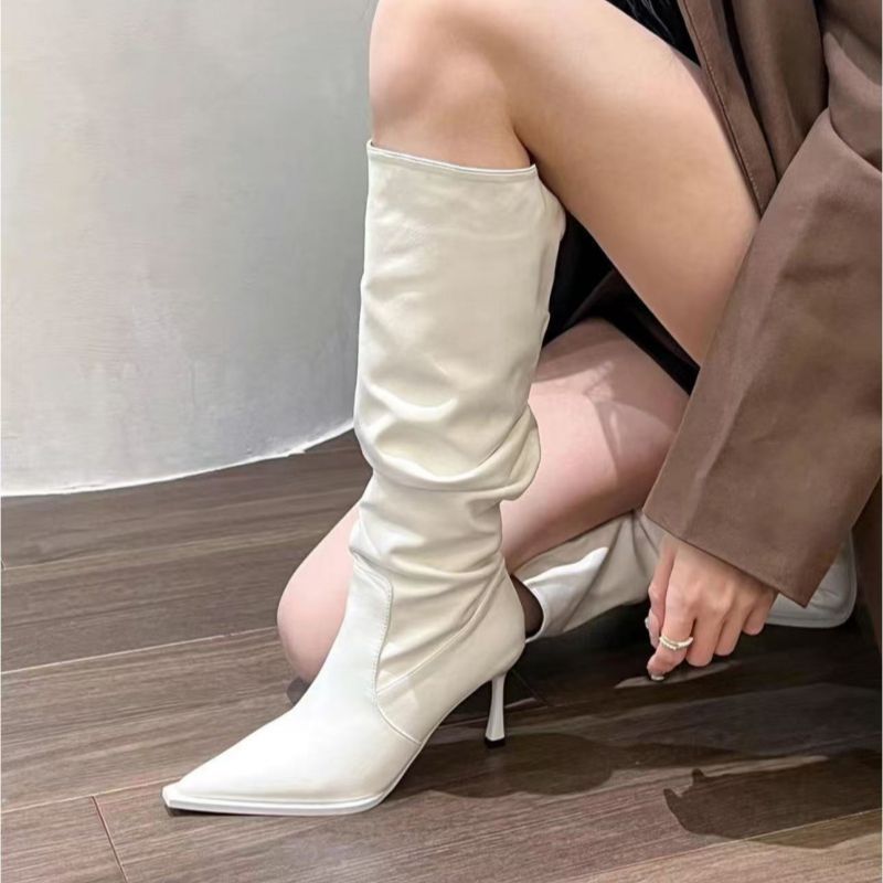 热卖尖头褶皱不过膝长筒靴子2025秋冬季新款细跟堆堆靴高跟高筒