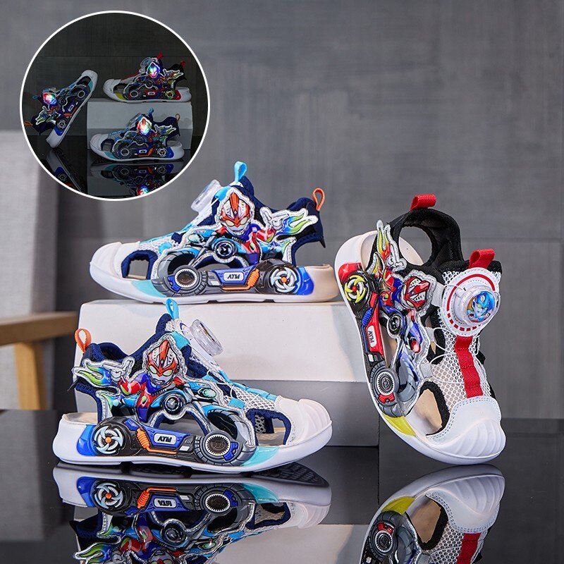 男童2026新款发光奥特曼旋转纽扣包头卡通透气软底鞋子爆款