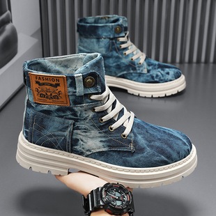 跨境大码春秋厚底牛仔马丁靴工装复古西部休闲小短靴透气布面男鞋