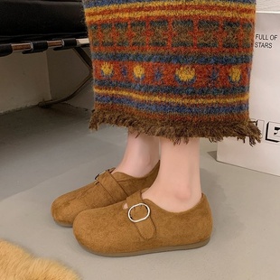 复古绒面单鞋女2025年冬季新款平底软底配裙子豆豆鞋玛丽珍勃肯鞋