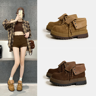 头层牛皮翻领两穿马丁靴女2025秋季新款英伦风短靴厚底休闲靴子