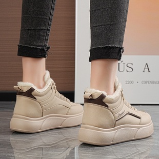 加绒高帮运动鞋女2025冬季新款保暖孕妇东北大棉鞋厚底皮面雪地靴