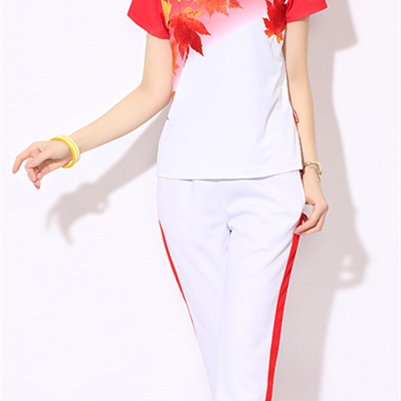 新款枫叶短袖T恤长裤运动套装团体服M情侣广场舞男女大码半袖