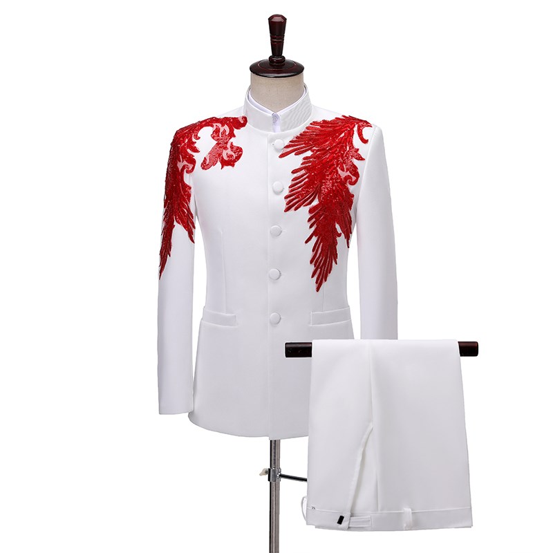 新品新款中山装j演出服亮片绣花中式礼服男主持人舞台大合唱服装