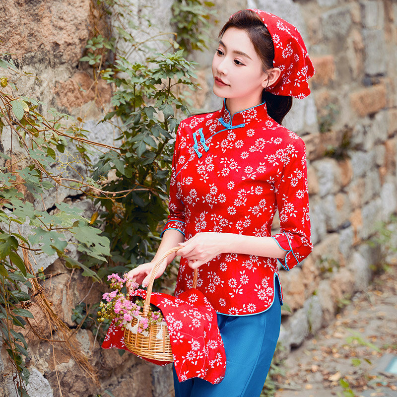 新品阿庆嫂演出服中老年秧歌服舞蹈村姑碎花采茶女服装农村大花布