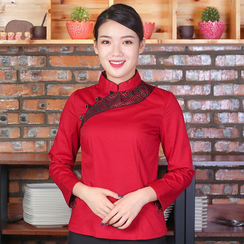 新款餐饮b酒店餐厅饭店中餐厅火锅店服务员工作服长袖短袖制服套