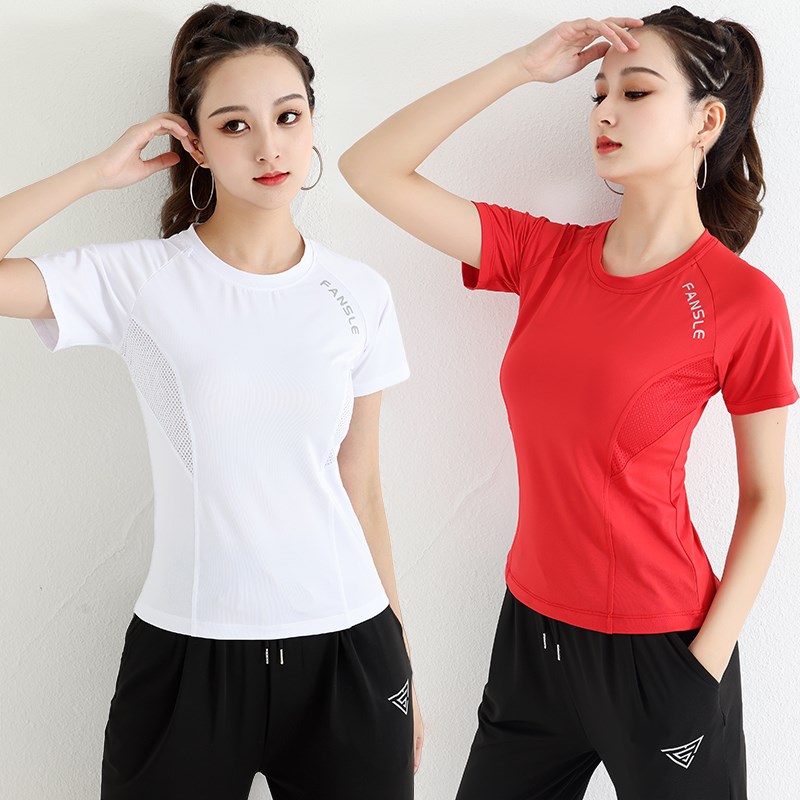 优选杨丽萍广场舞k运动服装夏季中国红跳操健身上衣短袖网格速干