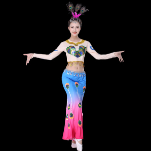 新款成人傣族f舞蹈演出服装女渐变鱼尾裙修身练功练习裙儿童月亮