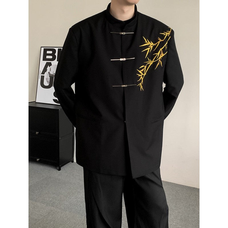 精选新中式男士订婚衣服套装国z风立领中山装金竹刺绣男孩成人礼