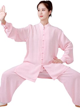 新款太极服新中式棉麻男士练功z比赛服装紫色棉绸女士夏季八段锦