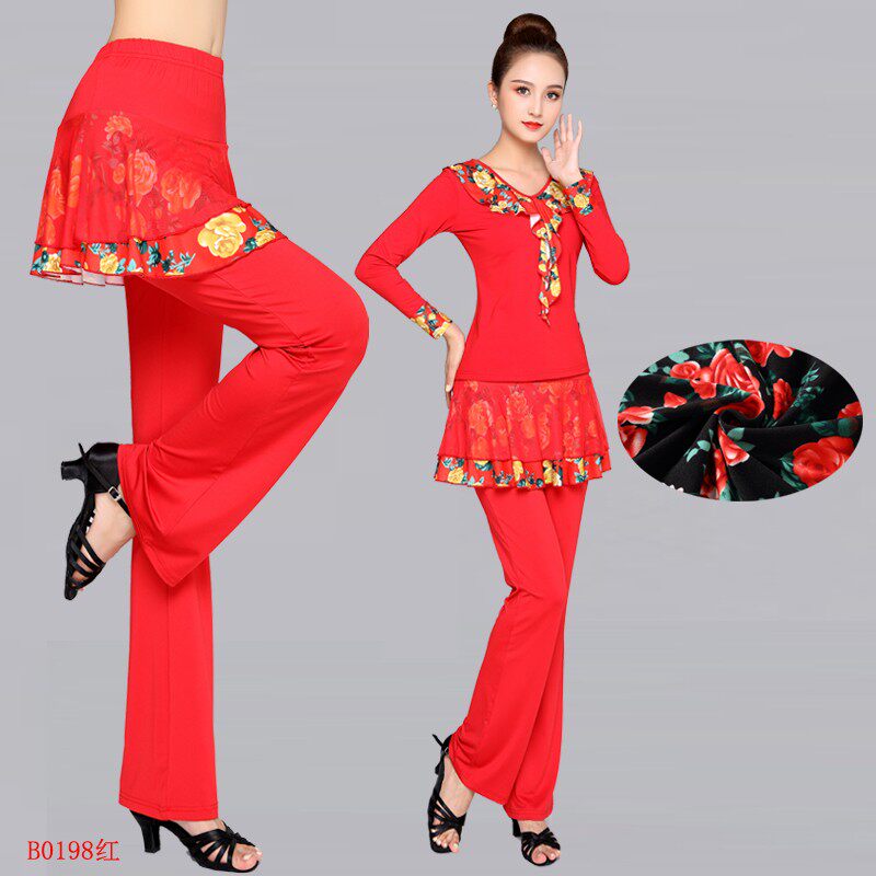 新款新款广场h舞裙裤春秋冬季牛奶丝中腰喇叭裤中老年女印花舞蹈