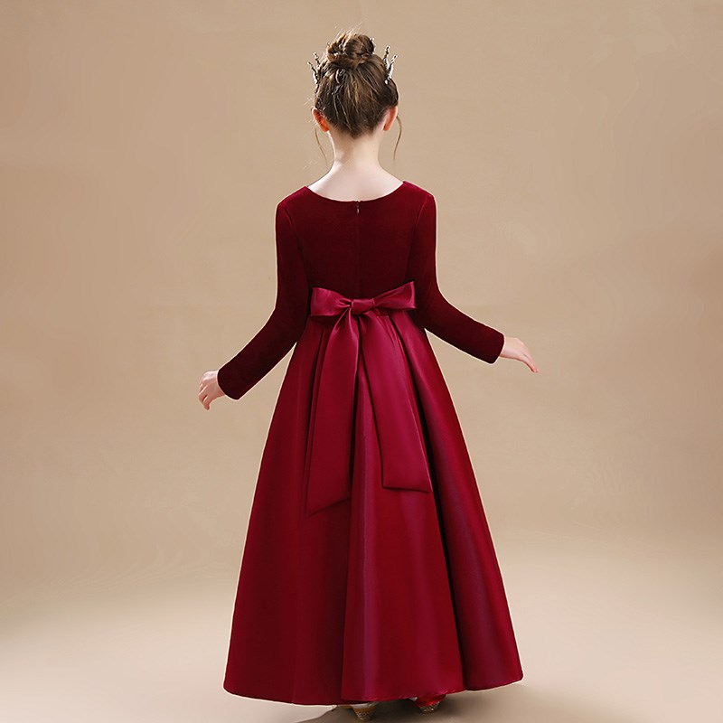新选女童酒红色平绒和缎面钢琴晚C礼服公主裙儿童管弦乐团演出服