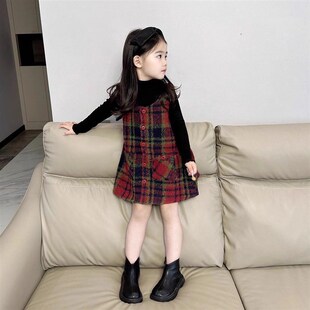 新选女童连e衣裙套装秋冬新款儿童毛呢格子背心裙过年新年衣服女