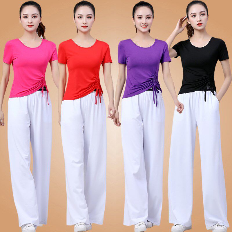 新款广场舞服装新k款短袖莫代尔套装夏季阔腿裤速干健身操练功跳