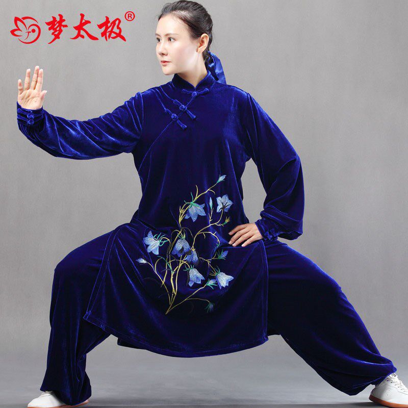 新款品牌高端m金丝绒太极服女秋冬新款宝蓝旗袍龙舌兰花练功