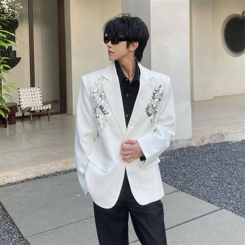 新款BIG Wisdom白色西装外A套男小众亮片立体绣花高级感轻奢高定