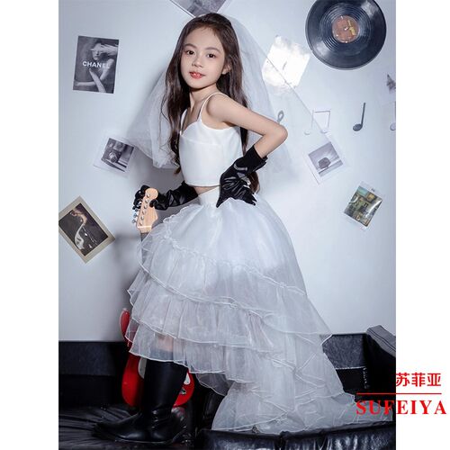 新选儿童走秀礼服女童白色婚纱z公主裙模特比赛演出服装白色蓬蓬