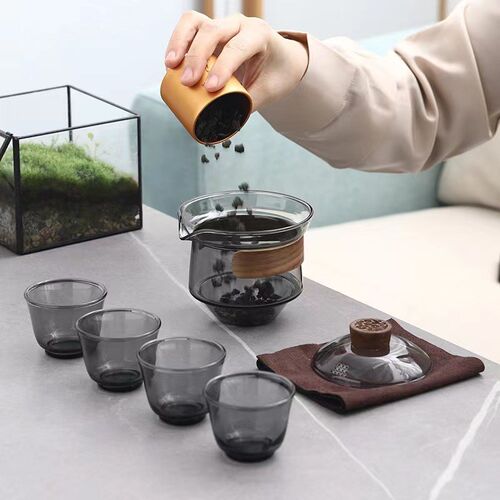 玻璃盖碗耐热隔热泡茶加厚盒装功夫茶具一壶多杯旅行户外小套装