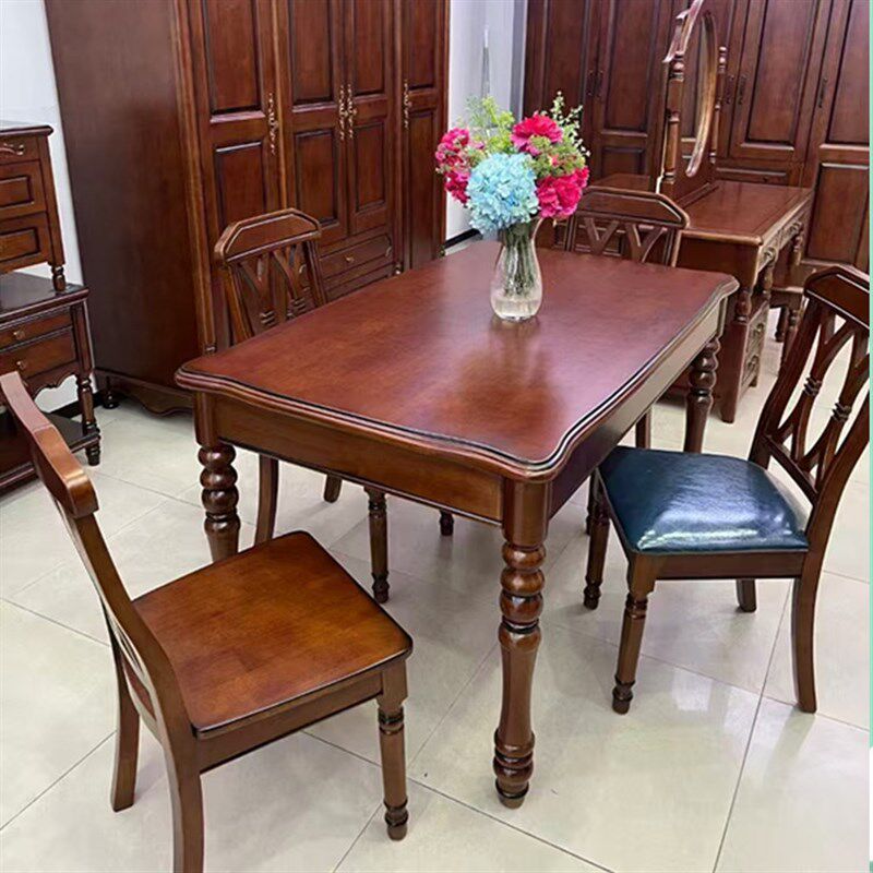 美式实木餐桌椅组合客餐厅长桌圆形跳台桌椅伸缩折叠餐桌成品家具