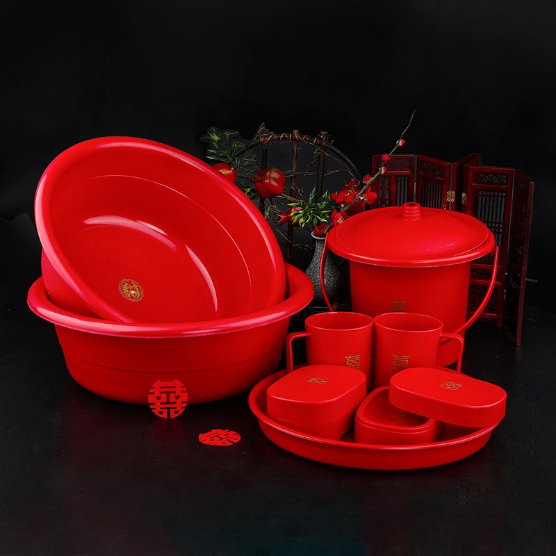 结婚用品大全娘家陪嫁婚礼洗漱用品套装皂盒牙杯嫁妆大红喜盆