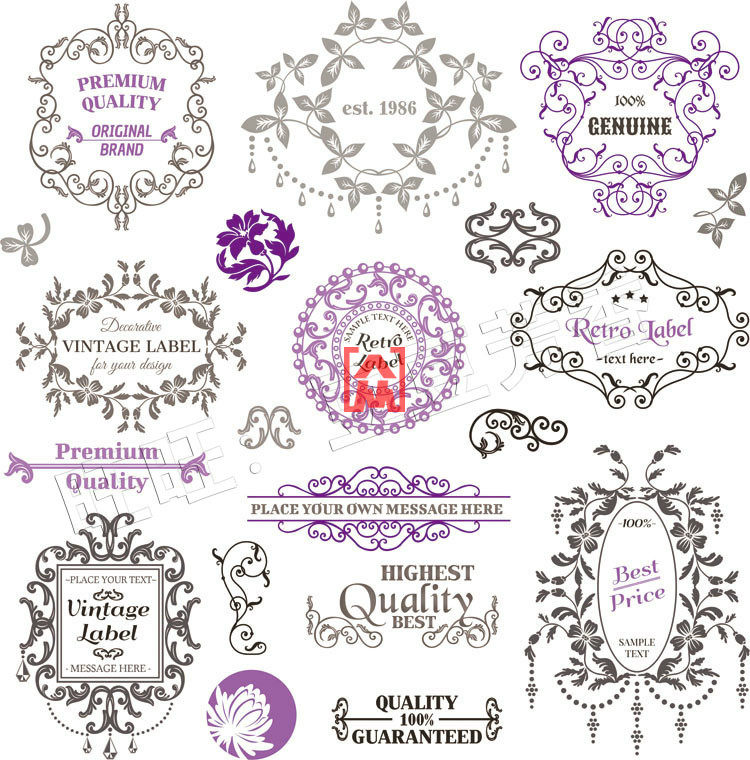 欧式花纹边框角花型psd无背景曲线条婚礼logo淘宝水印图案素材