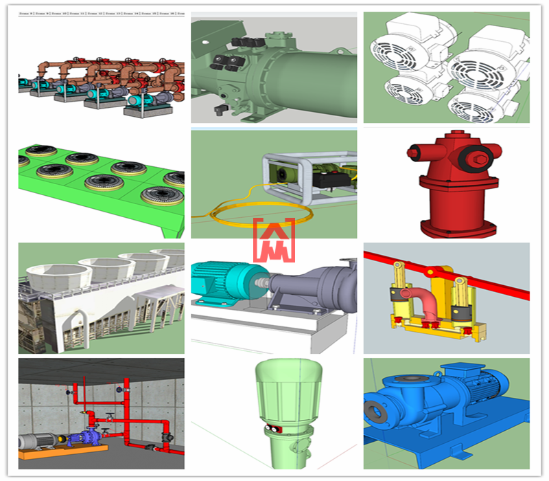 sketchup制冷压缩机远程水箱工业风扇冷却塔抽水供水泵SU工业模型