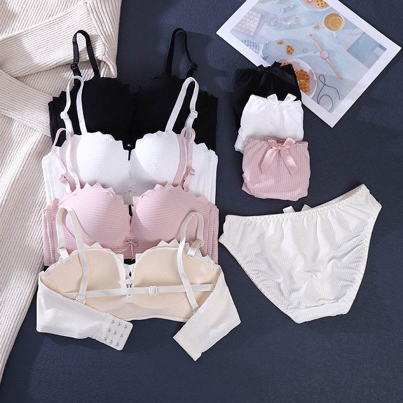 日系少女美背内衣套装薄杯舒适透气胸罩无钢圈聚拢蝴蝶结文胸套装